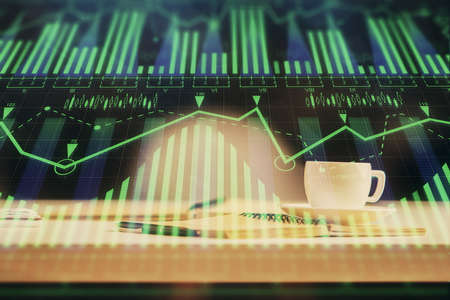 Multi exposure of technology theme drawing and desktop with coffee and items on table background....