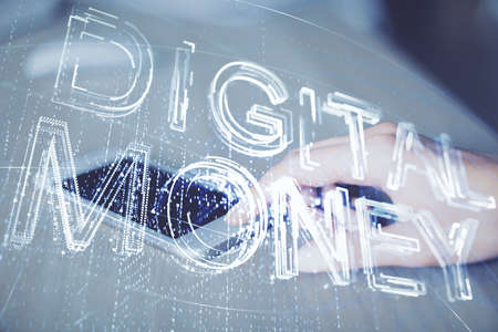 Double exposure of blockchain business sketch hologram and woman holding and using a mobile device.の写真素材