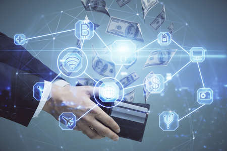Multi exposure of social network theme drawing hologram and USA dollars bills and man hands.