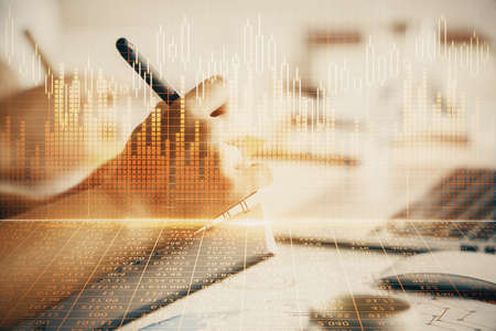 Double exposure of forex graph drawing over people taking notes background. Concept of financial...