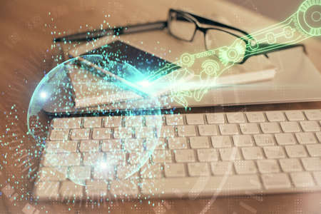 Double exposure of data theme drawing and mobile phone background. Concept of innovation