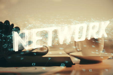 Double exposure of technology theme drawing and desktop with coffee and items on table background....
