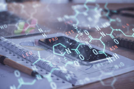 Double exposure of formula drawing and mobile phone background. Concept of educationの写真素材