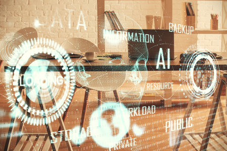 Multi exposure of data theme drawing and office interior background. Concept of technology.の写真素材