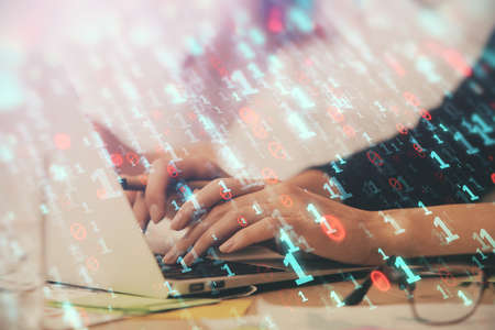 Multi exposure of woman hands working on computer and data theme hologram drawing. Tech concept.