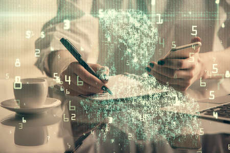 Double exposure of technology sketch hologram and woman holding and using a mobile device. Ai...