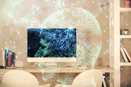 Multi exposure of brain drawing and office interior background. Concept of data technology.の写真素材