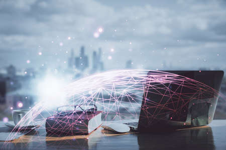 Double exposure of social network theme drawings and desk with open notebook background. Concept of people connectionの写真素材