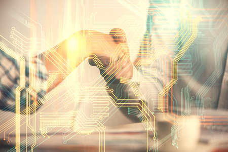 Double exposure of world map hologram and handshake of two men. International partnership concept.