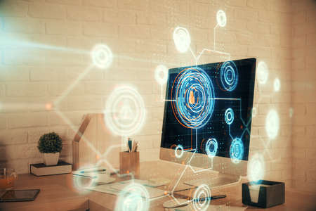 Double exposure of data theme drawing and office interior background. Concept of technology.