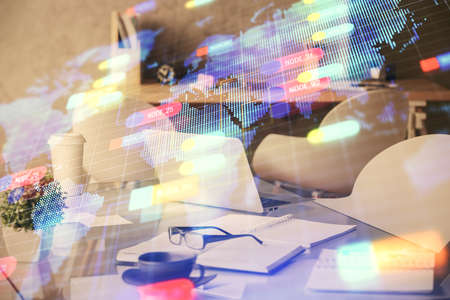 Double exposure of data theme drawing and office interior background. Concept of technology.