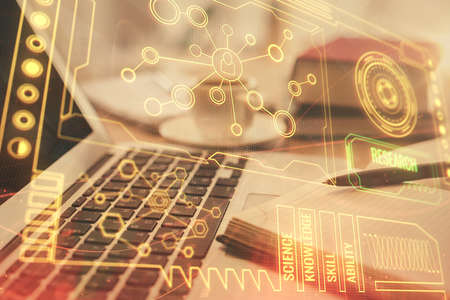 Double exposure of technology theme drawing and desktop with coffee and items on table background....