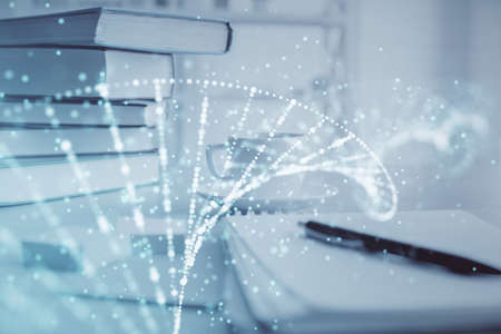 Double exposure of DNA drawing and desktop with coffee and items on table background. Concept of medical science educationの写真素材