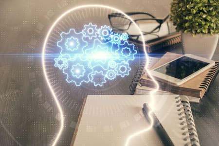Double exposure of brain theme drawing and cell phone background. Concept of information