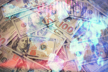 Multi exposure of forex chart drawing over us dollars bill background. Concept of financial success markets.の写真素材