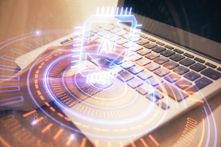 Double exposure of woman hands working on computer and data theme hologram drawing. Tech concept.