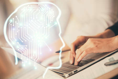 Double exposure of woman hands working on computer and brain hologram drawing. Ai concept.