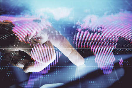 Double exposure of mans hands holding and using a phone and international business theme drawing.の写真素材