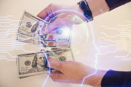 Multi exposure of brain drawing hologram and us dollars bills and man hands. Ai invest conceptの写真素材