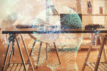 Multi exposure of brain drawing and office interior background. Concept of data technology.の写真素材