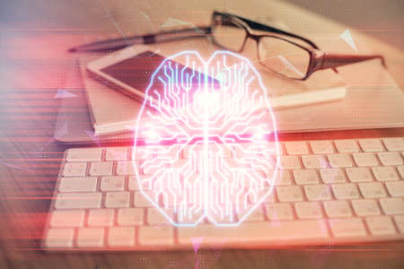 Double exposure of brain theme drawing and cell phone background. Concept of informationの写真素材