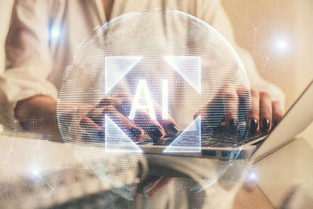 Double exposure of woman hands working on computer and data theme hologram drawing. Tech concept.