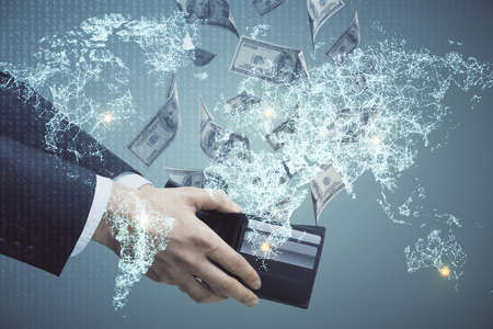 Multi exposure of social network theme drawing hologram and USA dollars bills and man hands.