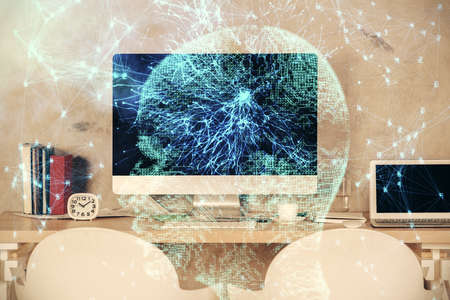 Multi exposure of brain drawing and office interior background. Concept of data technology.の写真素材