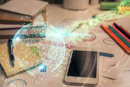 Double exposure of data theme drawing and mobile phone background. Concept of innovation