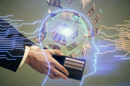 Multi exposure of brain drawing hologram and us dollars bills and man hands. Ai invest conceptの写真素材