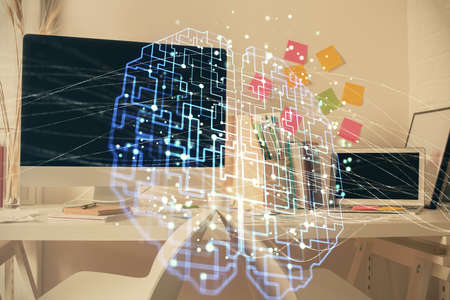 Double exposure of brain drawing and office interior background. Concept of data technology.