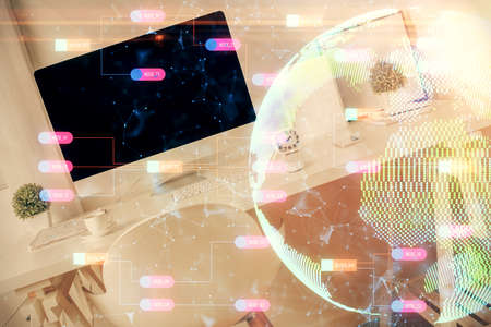 Multi exposure of world map drawing and office interior background. Concept of international...