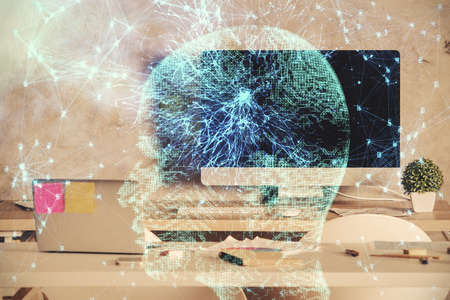 Multi exposure of brain drawing and office interior background. Concept of data technology.