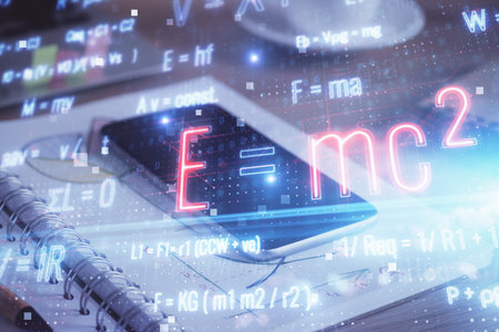 Double exposure of formula drawing and mobile phone background. Concept of educationの写真素材