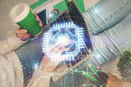 Double exposure of woman hands working on computer and data theme hologram drawing. Tech concept.