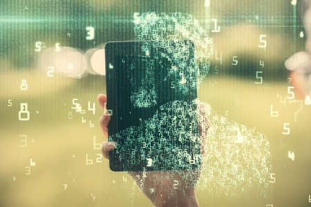 Double exposure of technology sketch hologram and woman holding and using a mobile device. Ai conceptの写真素材