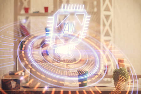 Double exposure of data theme drawing and office interior background. Concept of technology.