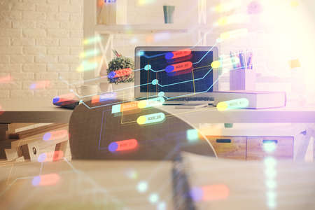 Double exposure of data theme drawing and office interior background. Concept of technology.