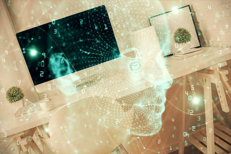 Multi exposure of brain drawing and office interior background. Concept of data technology.