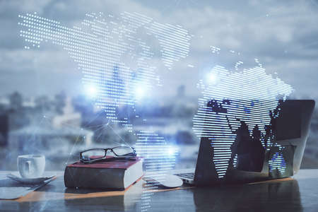 Double exposure of social network theme drawings and desk with open notebook background. Concept of people connectionの写真素材