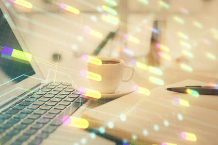 Double exposure of technology theme drawing and desktop with coffee and items on table background....