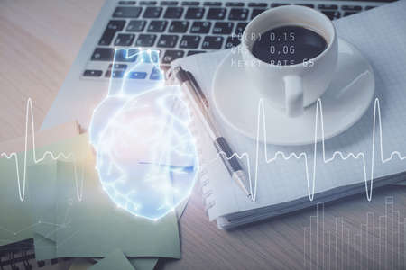 Double exposure of heart drawing and desktop with coffee and items on table background. Concept of...