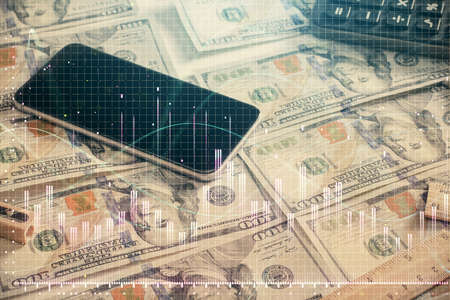 Double exposure of forex graph drawing over us dollars bill background. Concept of financial markets.の写真素材