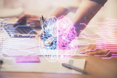 Multi exposure of woman hands working on computer and brain hologram drawing. Ai concept.