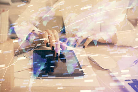 Double exposure of technology sketch hologram and woman holding and using a mobile device. Ai...