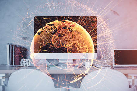 Double exposure of social network theme drawing and office interior background. Concept of web.の写真素材