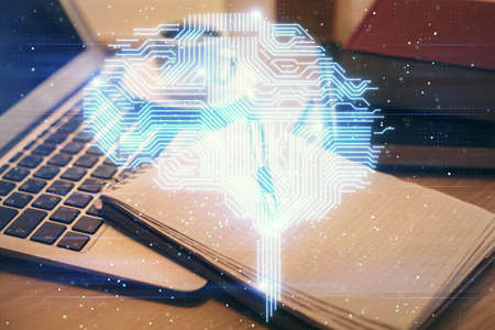 Double exposure of brain drawing and desktop with coffee and items on table background. Concept of...