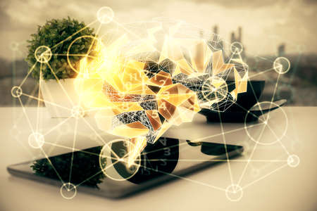 Double exposure of brain theme drawing and cell phone background. Concept of information