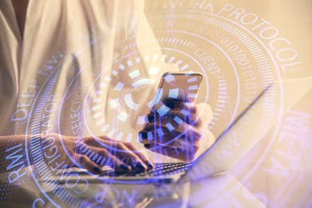 Double exposure of technology sketch hologram and woman holding and using a mobile device. Ai...