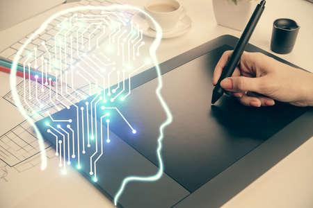 Double exposure of brain sketch hologram and woman holding and using a mobile device.